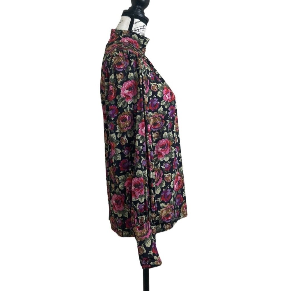 Paris Atelier Women's Size S Top Floral Long Sleeve Mock Neck Black & Pink Roses - Picture 2 of 7